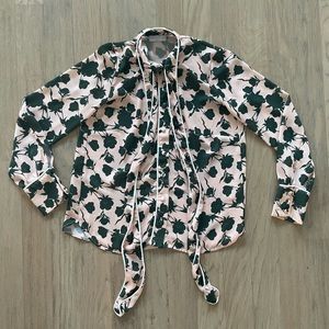 Boho pink floral print spring tie neck blouse size small